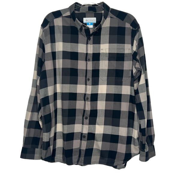 COLUMBIA Button-Down Long Sleeve Shirt Regular Fit Plaid Checked Beige Black L - Picture 1 of 7